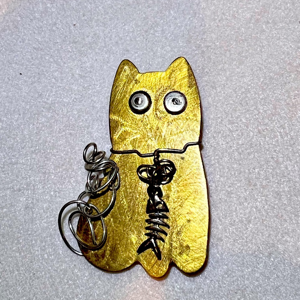 Handmade Gold Tone Brass Kitty Cat Brooch Pin with Fish Skeleton Cat Toy. OOAK